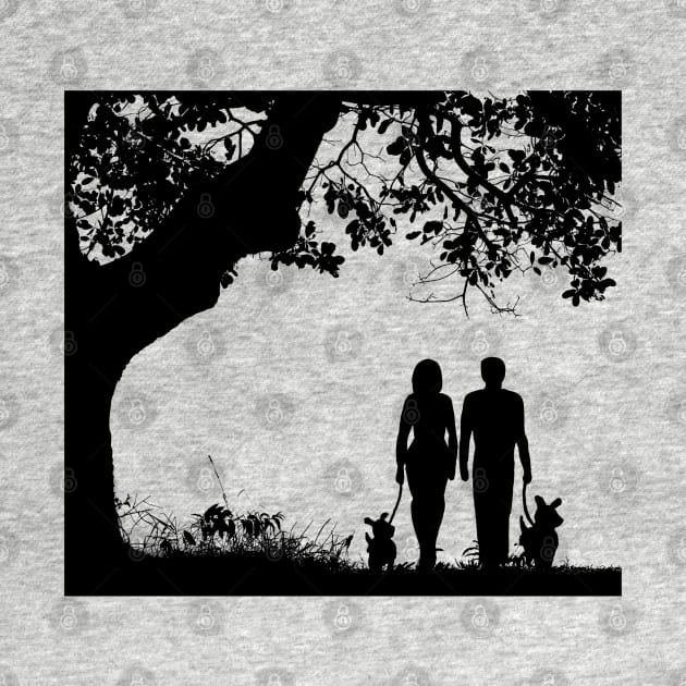 Dog Walk - Dog Walking Couple Silhouette by TopKnotDesign